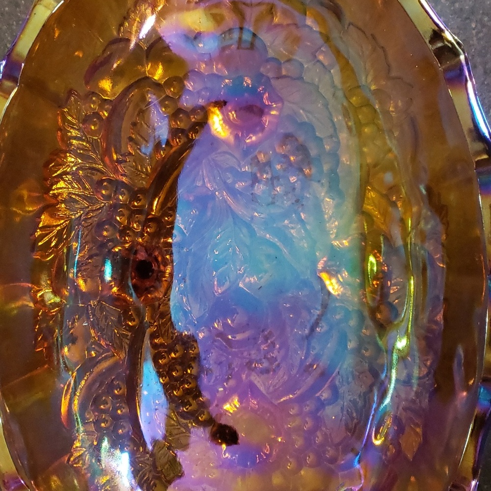 Vintage Beautiful Indian Harvest Amber Oval Footed Fruit Bowl Carnival Glass.